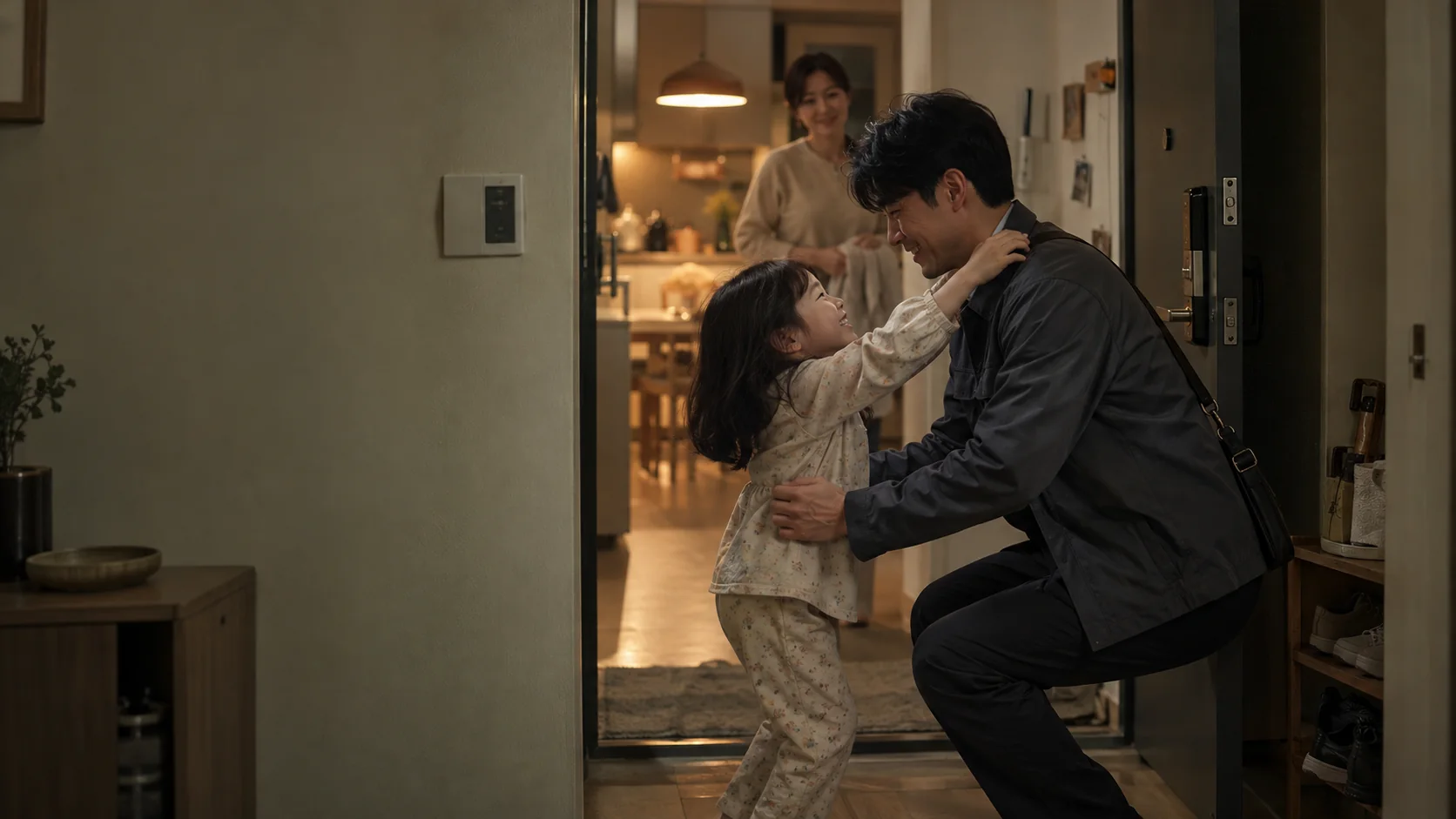 일을 마치고 집으로 돌아온 부모를 현관에서 반기는 아이