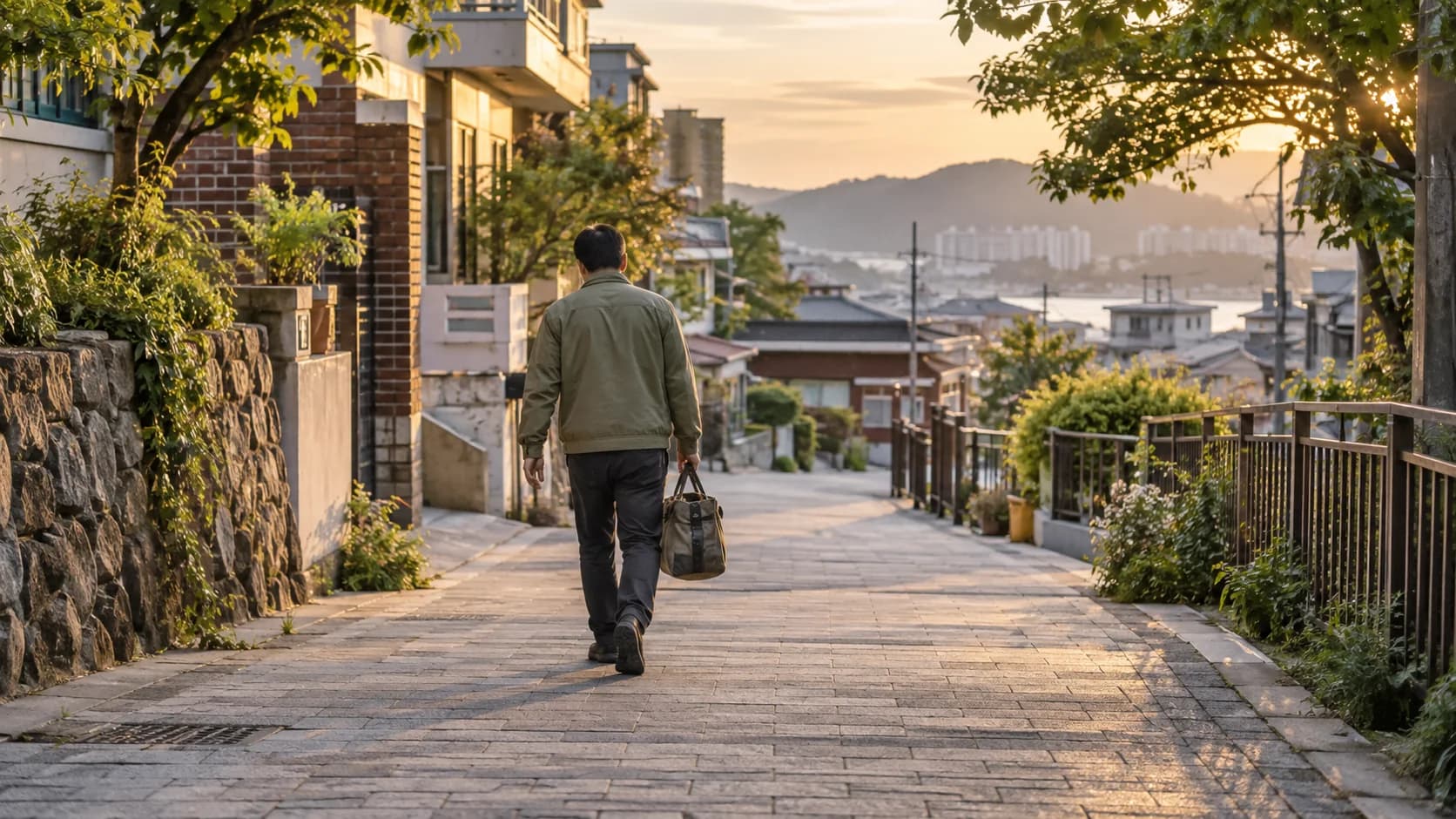 일을 마친 뒤 가방을 들고 동네의 보행로를 따라 집으로 향하는 사람